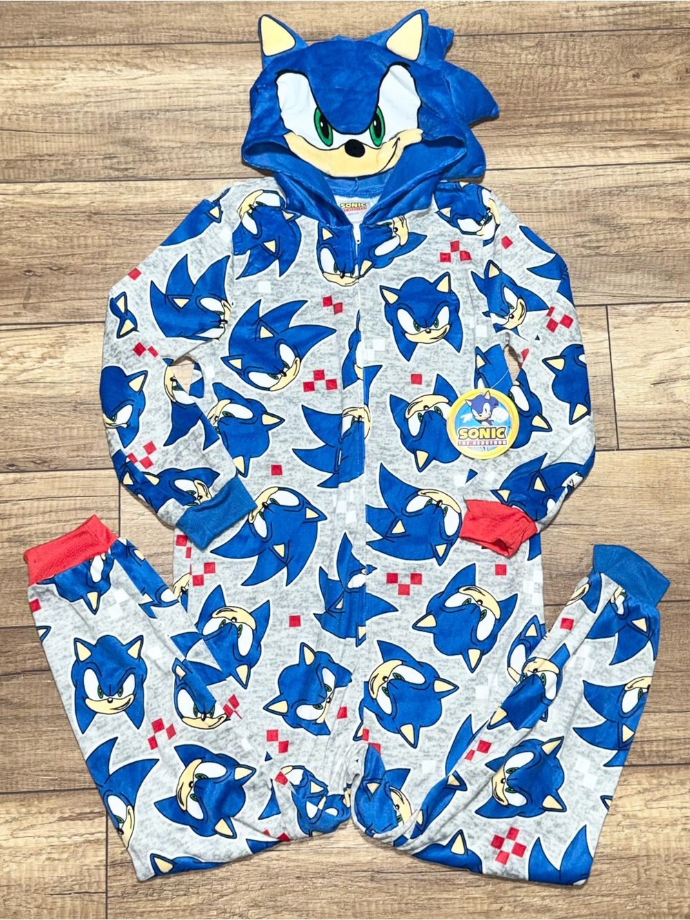 Sonic The Hedgehog Print SEGA Union Suit One Piece Zip Sleeper Pajamas Youth M